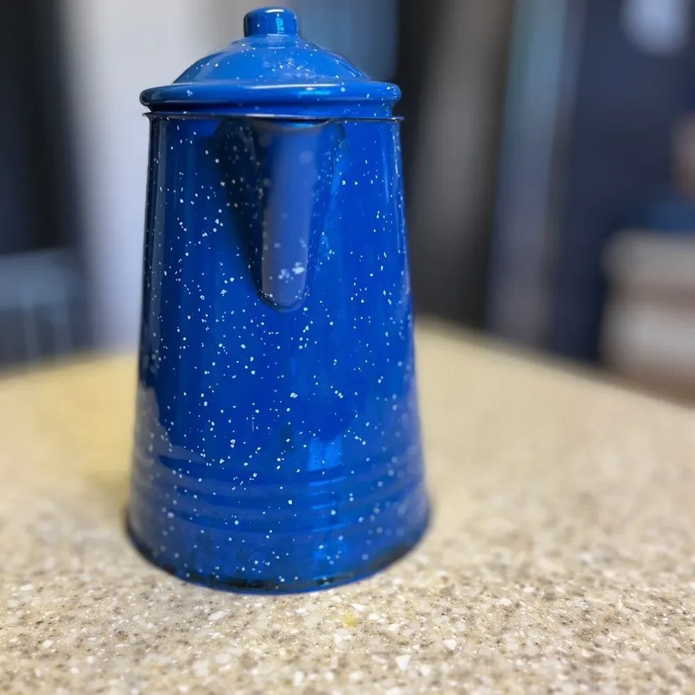 Vintage Blue Speckled Enamel Coffee Pot.